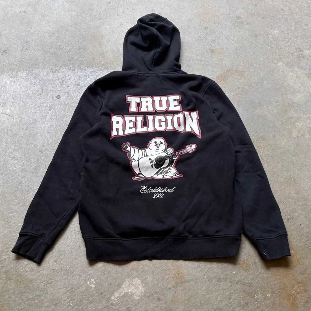 True Religion Mens Black Buddha Guitar Graphic Pullover Hoodie Large L